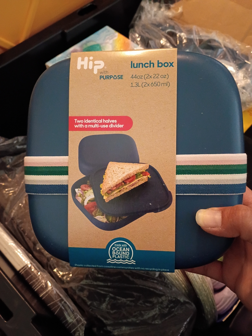 blue Lunch Box with Striped Elastic Strap